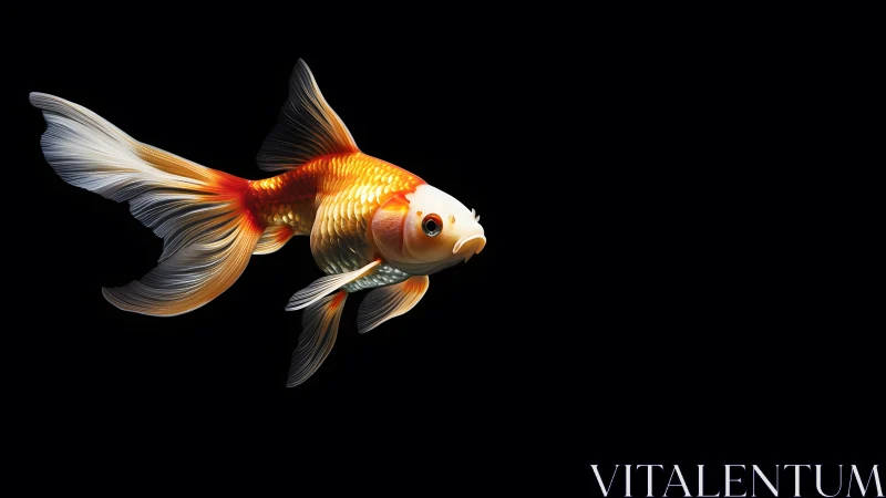 Elegant goldfish swimming on black background, realistic style.