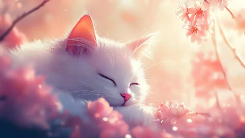 Sleeping White Cat Among Pink Cherry Blossoms.