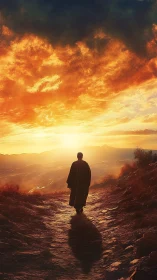 Lone traveler strolling toward a radiant golden sunrise.