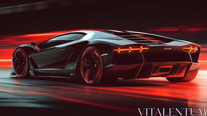 Black Lamborghini supercar on motion-blurred red roadway.