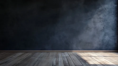 Moody charcoal wall greeting quiet sunlit wooden floor.