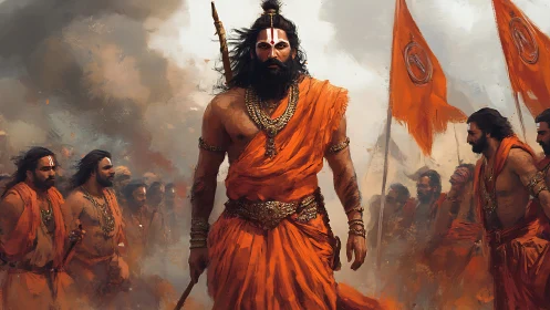 Warrior leader in saffron robes leading armed followers.