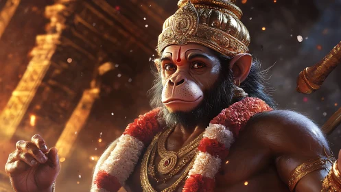 Radiant monkey warrior deity crowned in molten temple light.