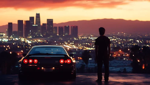 Man and sports car overlook glowing city at sunset.