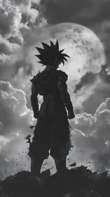 Silhouetted warrior stands before full moon in storm clouds