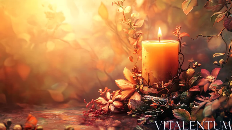 Golden candlelight glows softly among warm autumn flowers