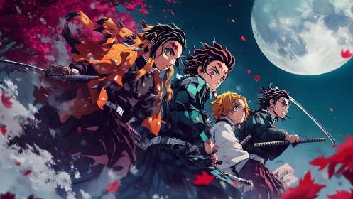 Moonlit anime swordsmen advance under crimson autumn skies