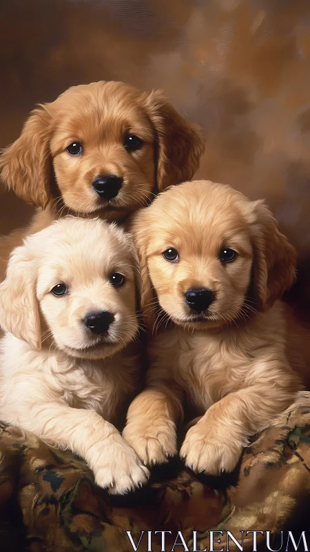 Triangular portrait composition of three golden retriever puppies
