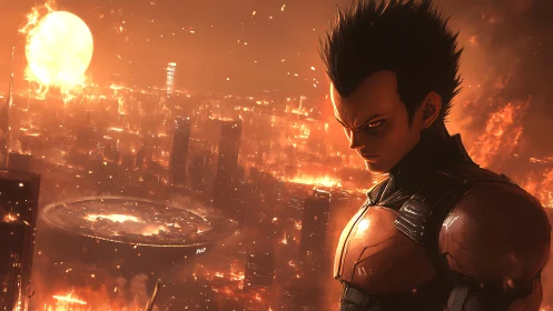 Cinematic anime warrior over incendiary future skyline.