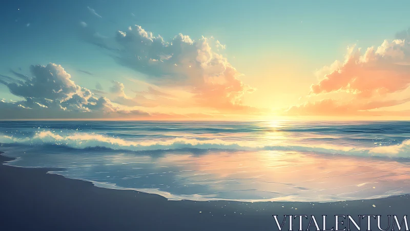 Serene pastel sunrise gently illuminates a tranquil ocean shore