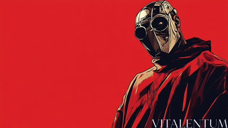 Lone masked figure stands in bold red graphic void