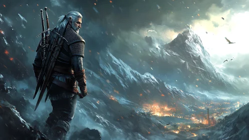 Lone warrior watching a burning valley beneath frozen peaks.