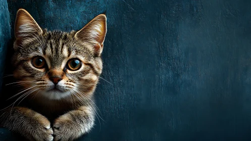 Tabby Cat Portrait with Dichromatic Iridescent Eyes Against Deep Teal Background.