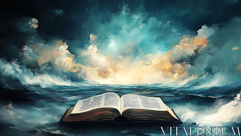 Open storybook floating gently on a glowing painted sea.