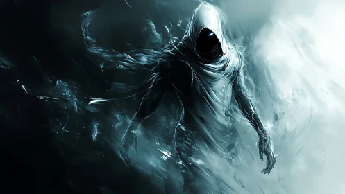 Shrouded spirit crossing from shadow to stormy light.