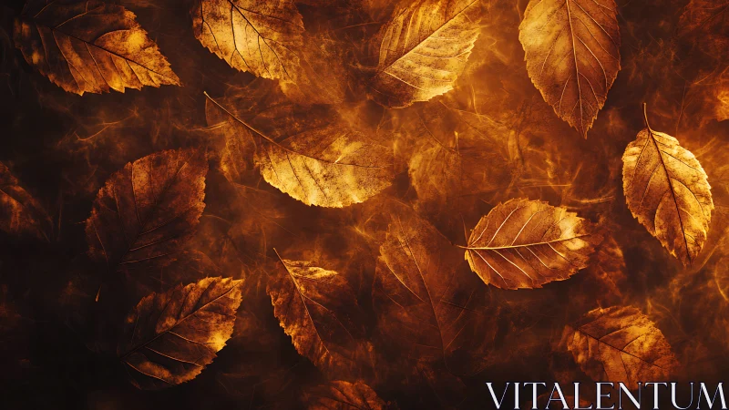 Dry autumn leaves in warm light on dark textured background.