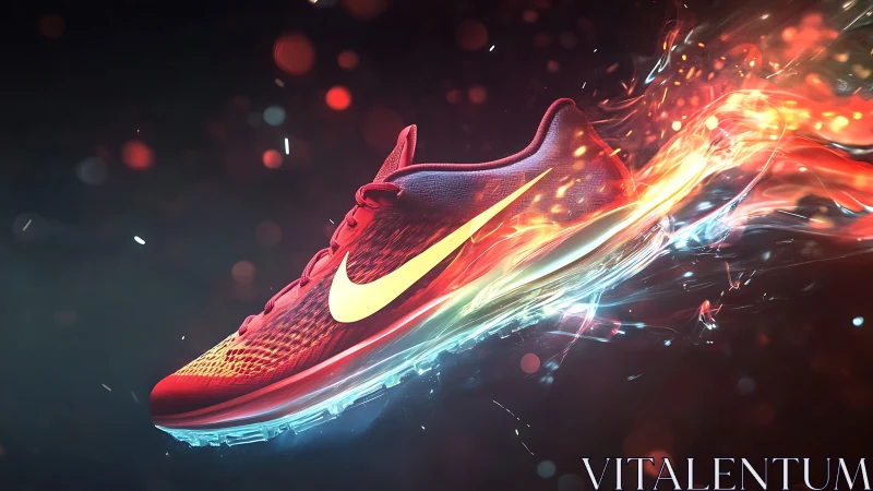 Red running shoe streaks through glowing energy trails