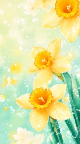 Yellow Daffodils with Golden Petals Against Soft Gradient Background.