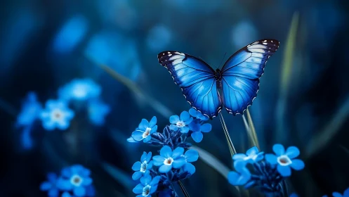 Blue morpho butterfly crowns luminous forget me not blooms.