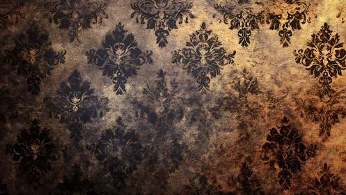 Vintage damask wallpaper shows distressed golden texture