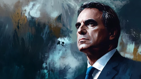 Stoic gentleman in a suit against bold painted skies.