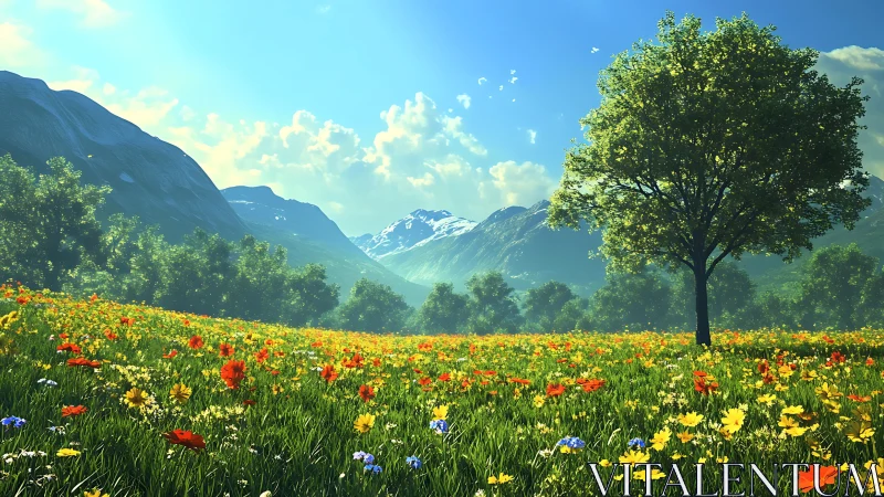 Sunny wildflower meadow embraced by peaceful green mountains.