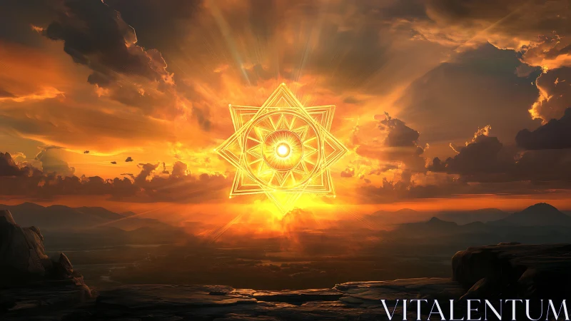 Sacred solar mandala unfolds above a storm-kissed horizon