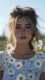Portrait captures young person in field with daisy-patterned shirt