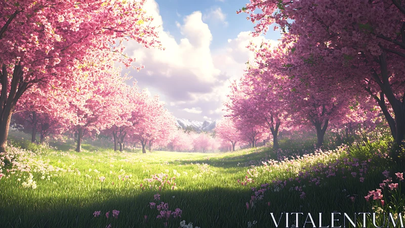 Sunlit cherry blossom path inviting a gentle spring wander.