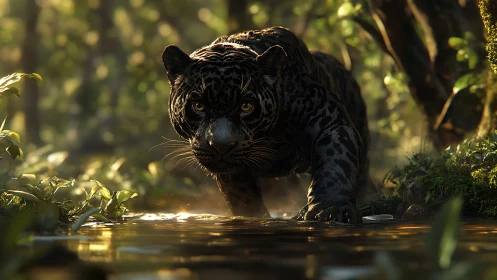 Majestic Black Panther Prowling Through Sunlit Waters.
