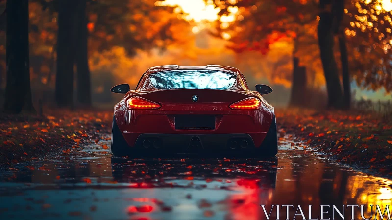 Crimson sports coupe on reflective autumn forest road.