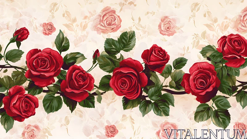 Layered botanical composition displays red roses positioned across cream background.