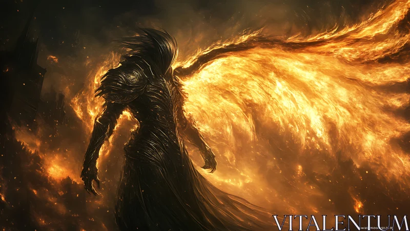 Digital painting of infernal winged knight in molten chiaroscuro.