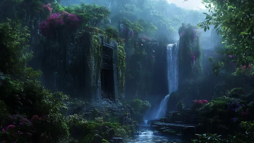 Digital jungle waterfall with overgrown stone ruins in rain