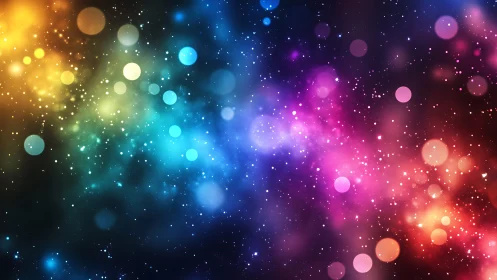 Colorful nebula style background with glowing bokeh lights.