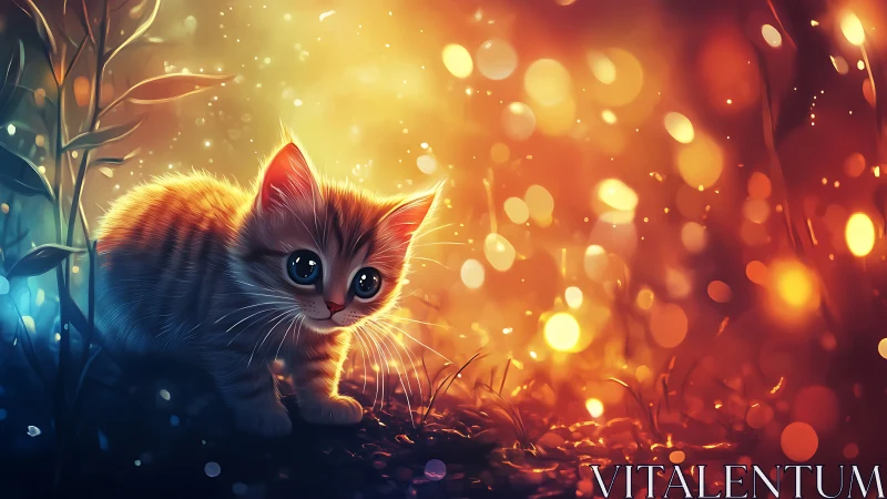 Luminous Kitten Amid Golden Bokeh Light.