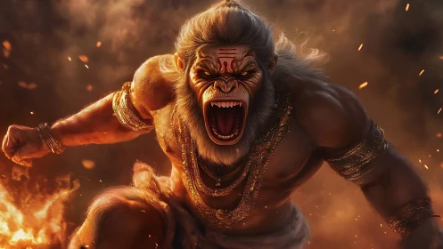 Storm-forged monkey god roaring through ember-lit fury.
