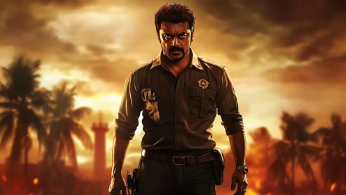 Tough coastal officer strides forward under a burning sky