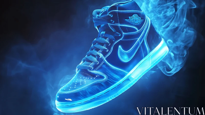 Cyberpunk neon sneaker render with luminous rim lighting focus.