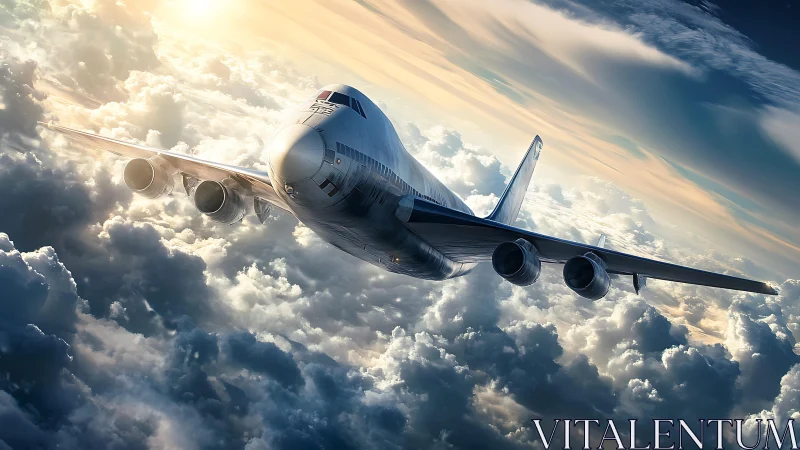 Photorealistic widebody airliner ascending through sunlit cloudscape.