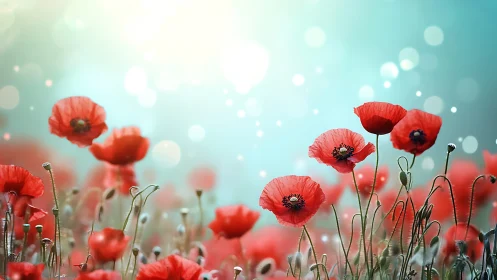 Dreamy Red Poppies Dance Against a Serene Turquoise Sky