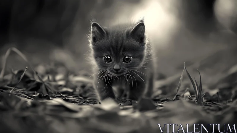 Black Kitten with Wide Eyes in Monochrome Garden.