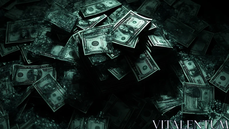 Stacks of US dollar banknotes in dark, high contrast lighting.