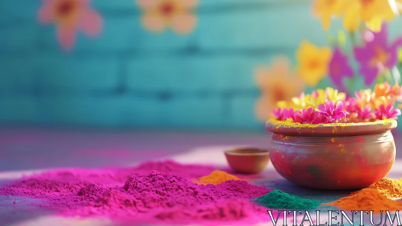 Vibrant Holi powders with clay pot and floral accents on floor.