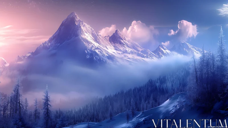 Snow-covered mountain range with mist and pastel light.