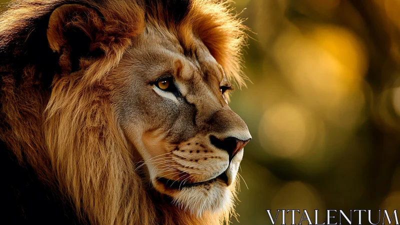 Regal lion gazes into warm bokeh light of golden dusk