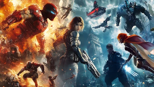 Futuristic combat scene with armored figures and ruins.