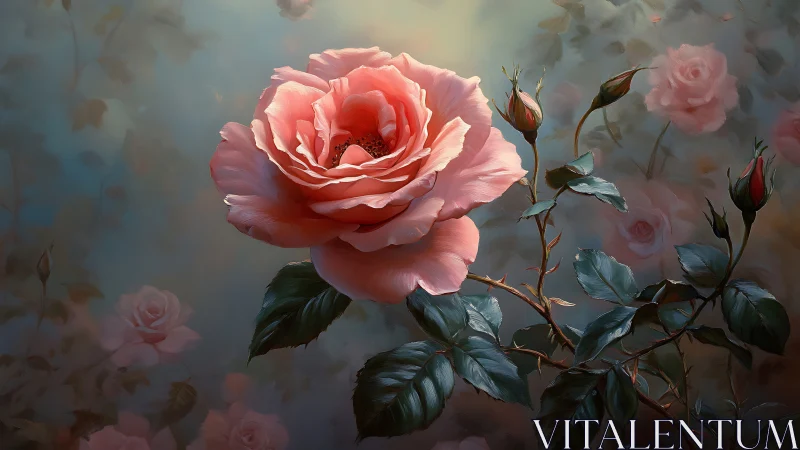 Pink Rose with Buds in Soft Focus Garden.