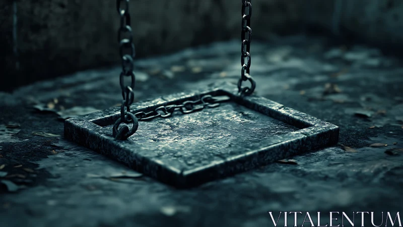 Rusting metal swing seat lies abandoned on wet ground
