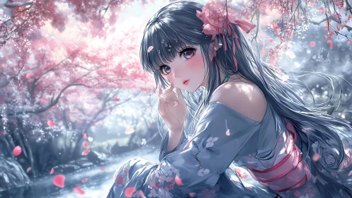 Cherry blossom whispers pause beside a silver river